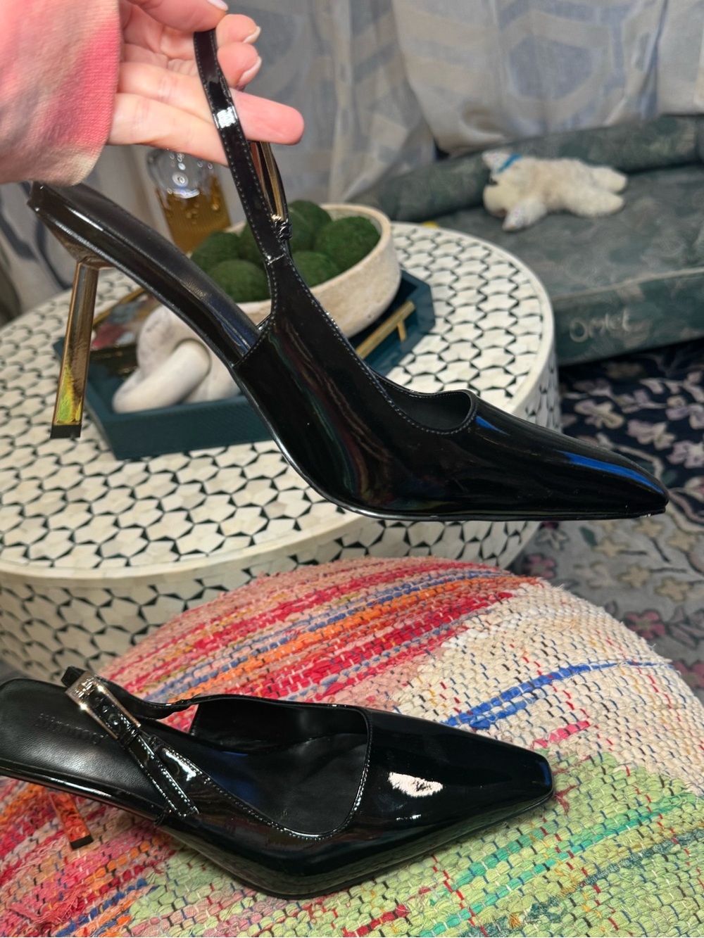 ✨▪️Black Patent Slingback Heels with Gold Heel Stiletto - Picture 5 of 6